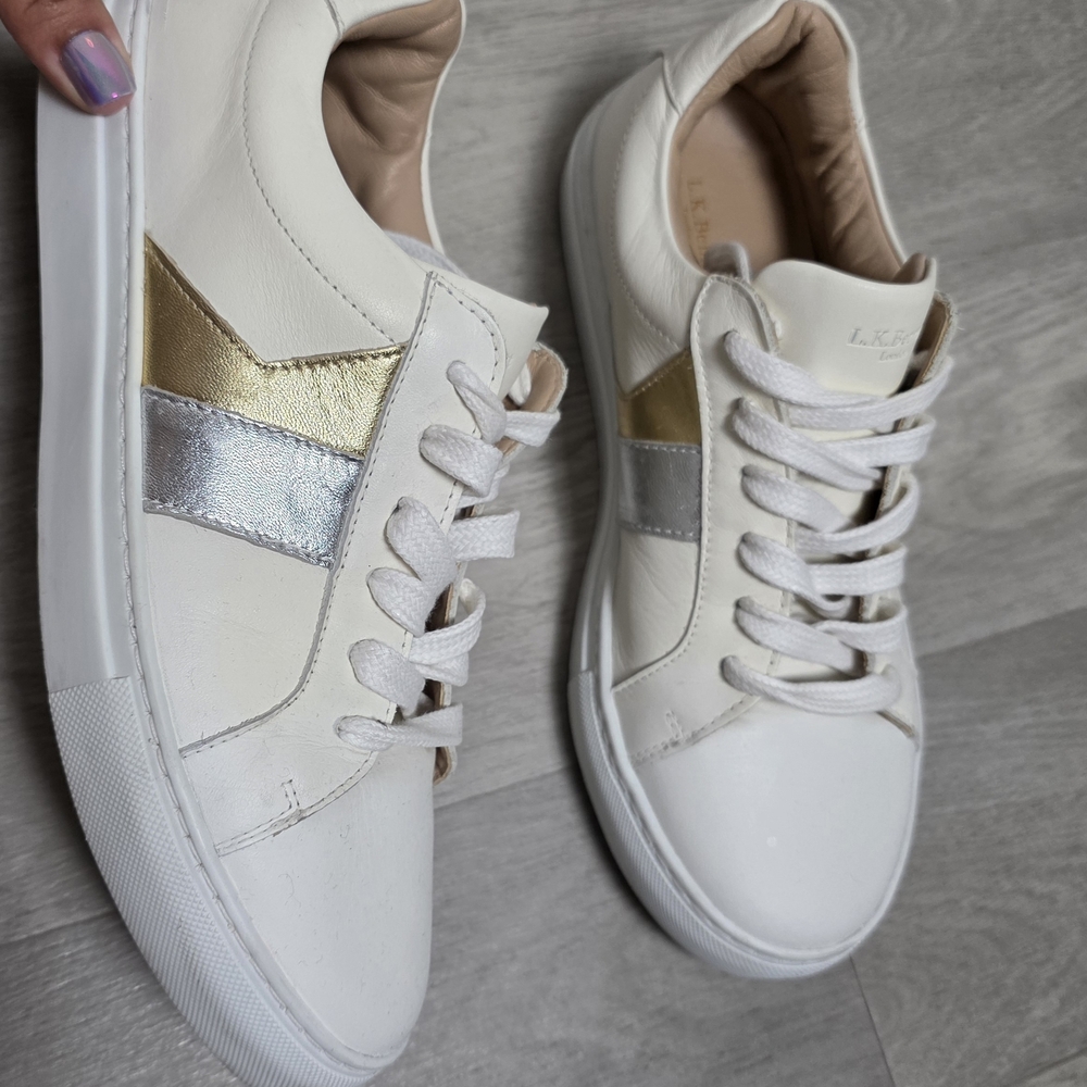 L.K. Bennett London White Leather Sneakers Gold Silver Detail Size 40 Women - Picture 3 of 9